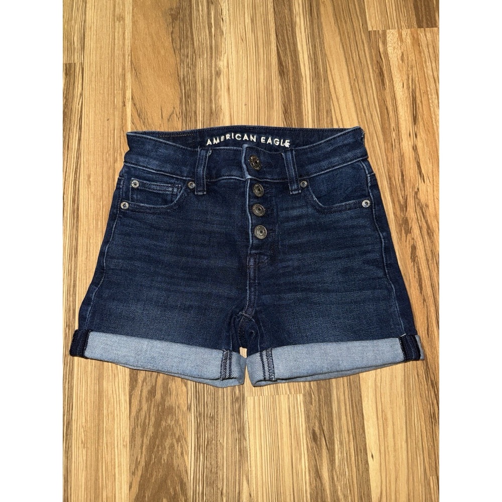 American Eagle Women's Jean Shorts 000 High Rise Button AE Stretch Dark Midi